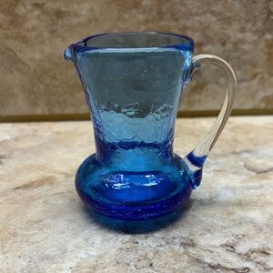 Vintage Pilgrim 3 1/2” Blue Crackle Glass Pitcher Hand Blown Art Collectible